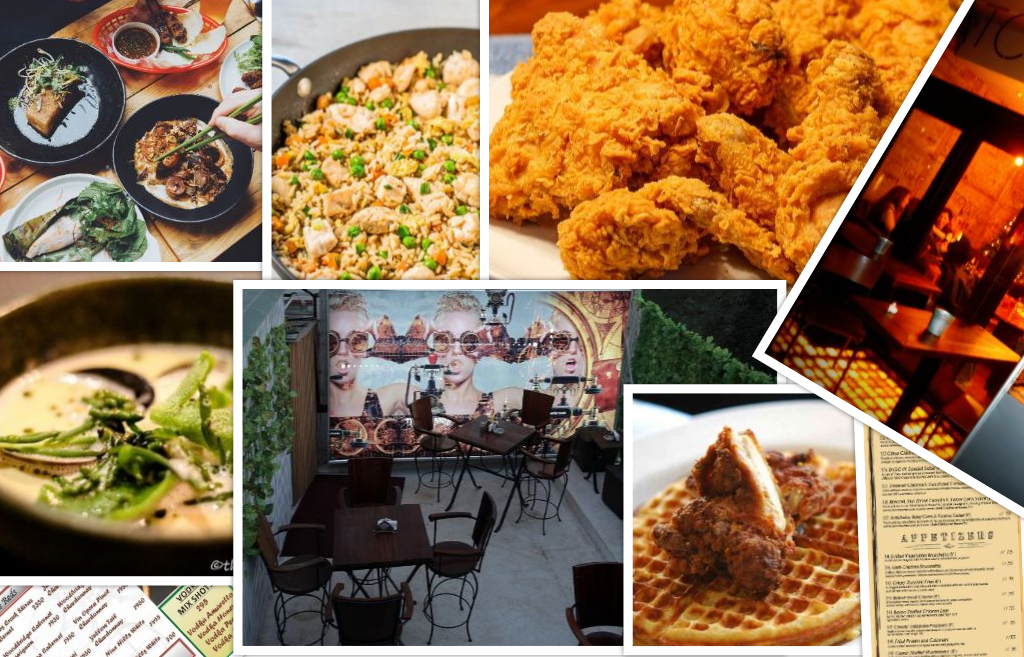 food, ambiance, menu, human image collage